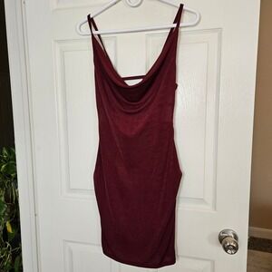 Burgundy Cowl Neck Cage Back Bodycon Mini Slip Dress M Slinky Party Cocktail